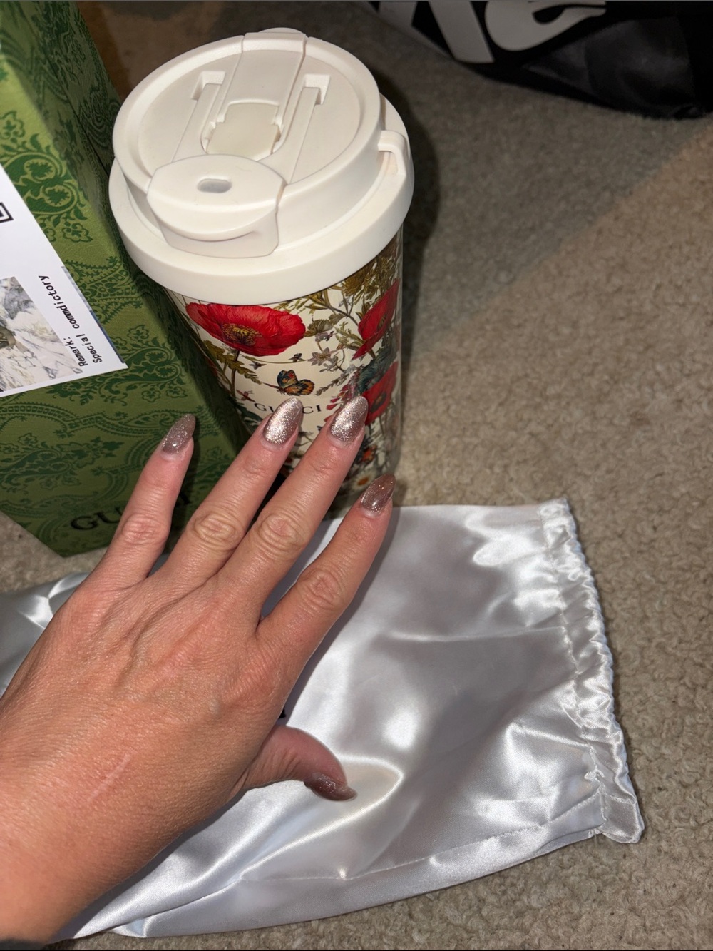 White Floral Travel Tumbler with Red Poppy Design and White Lid